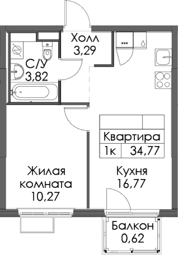 1-комнатная квартира 34.77 м², 8/12 эт., ЖК «Таллинский парк»
